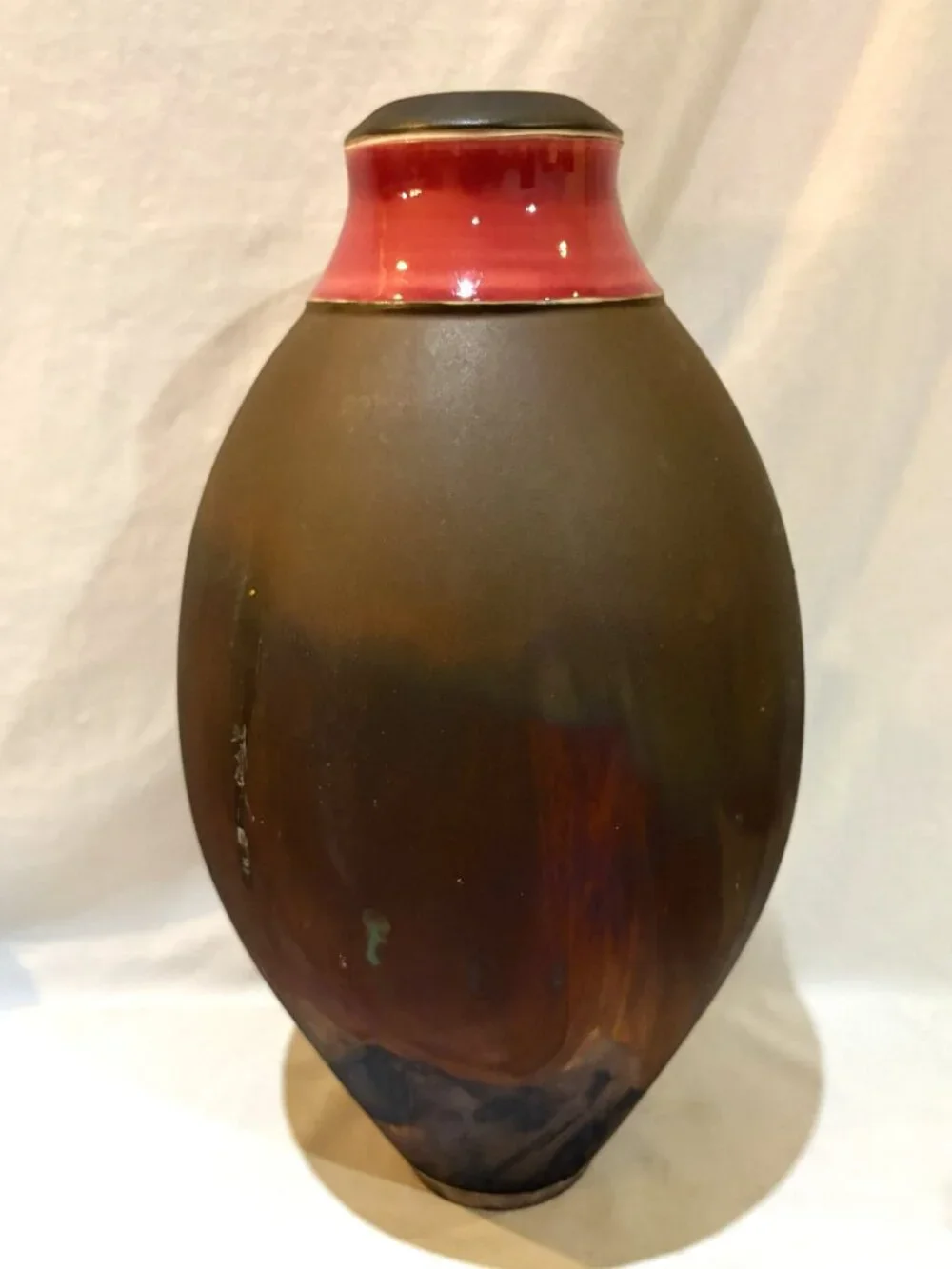 Raku Pottery Olive Shaped Vase 13.5 inch Tall with Red Glazed Collar